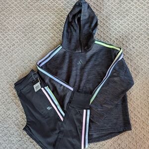 Adidas Black Hoodie and Leggings Set with Pastel Stripes